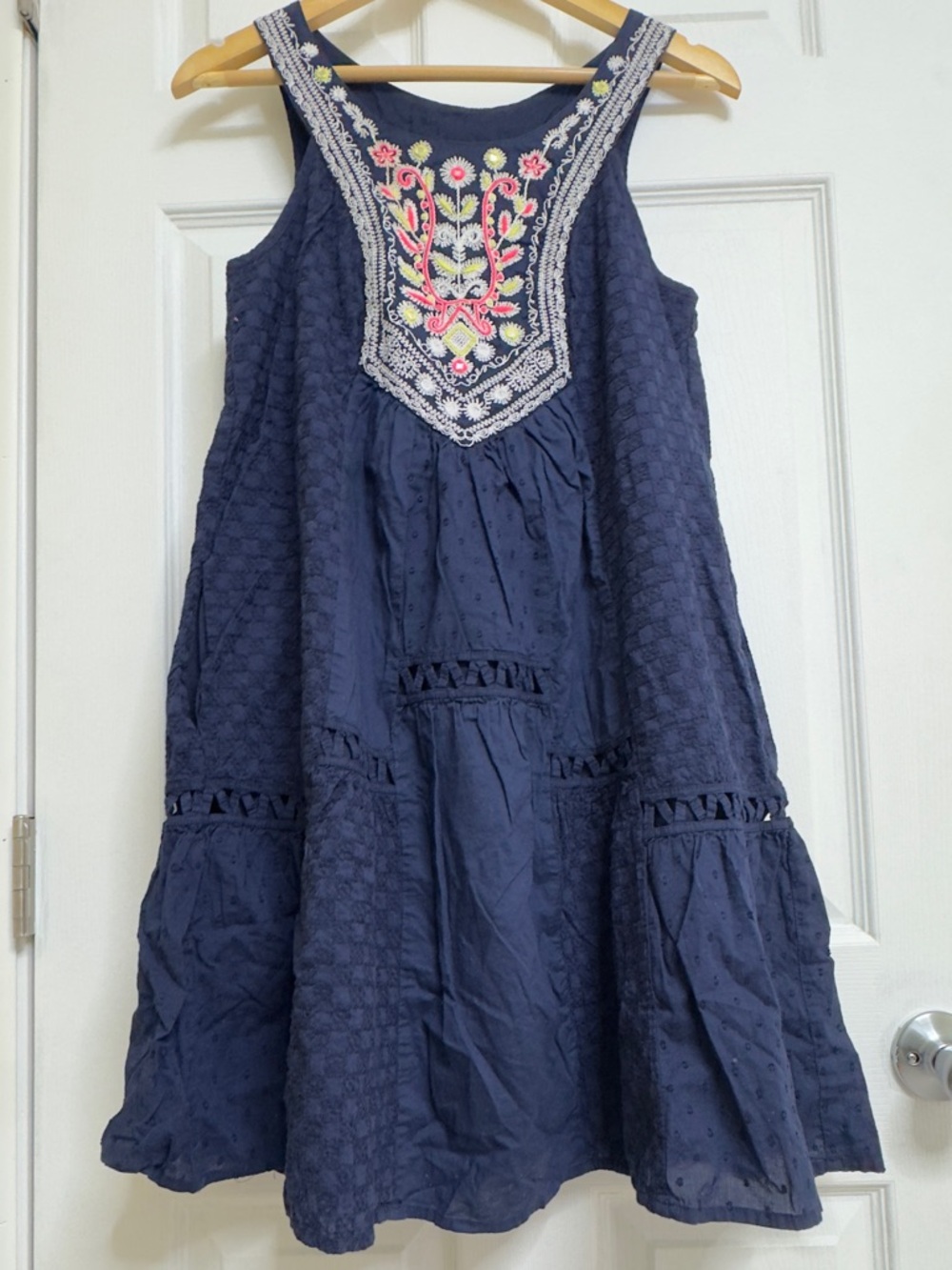 Anthropologie Navy Embroidered Tank Dress with Pink & Yellow Accents